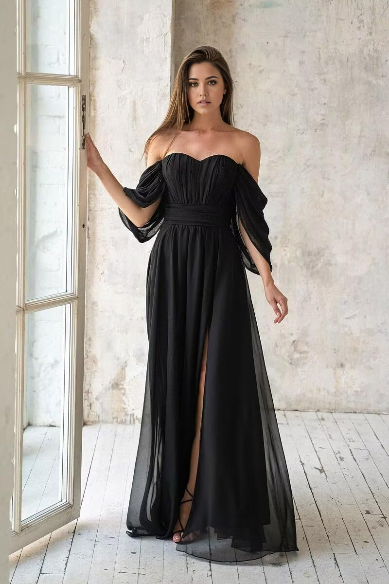 Vestido de noche formal con bolsillos y hombros descubiertos, corte A, vestido de fiesta con abertura